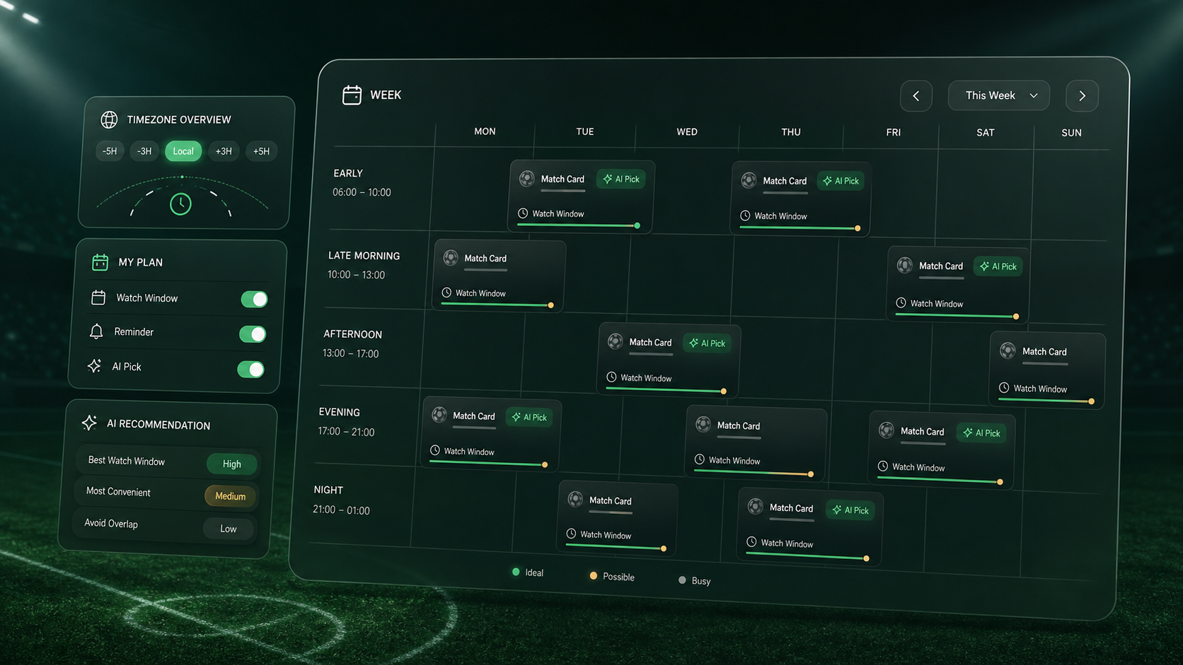 Fano football watch calendar, timezone, and AI recommendation interface